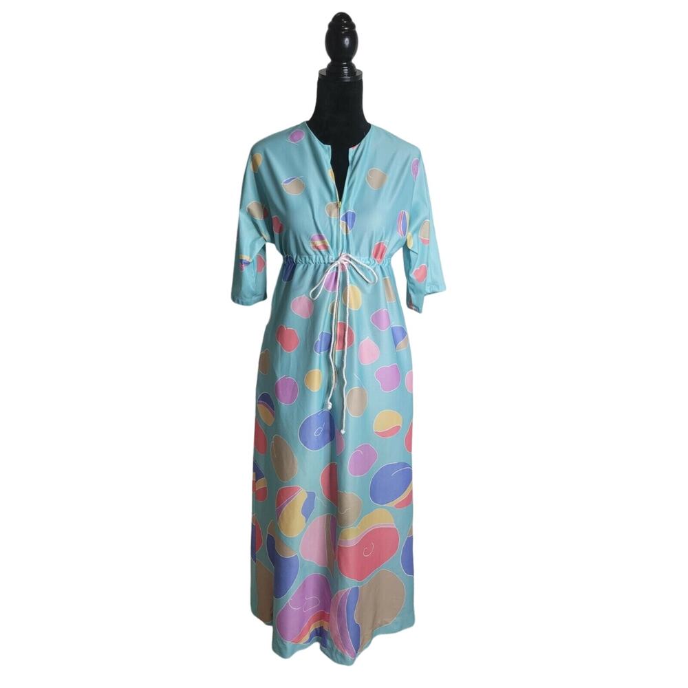 Unbranded Vtg Half Zip Caftan Lounge Dress Robe Easter colorway 60s 70s